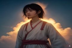 《斗破苍穹》国漫封面，萧炎驾驭火焰飞升，金色异火环绕，大气磅礴的东方玄幻风格